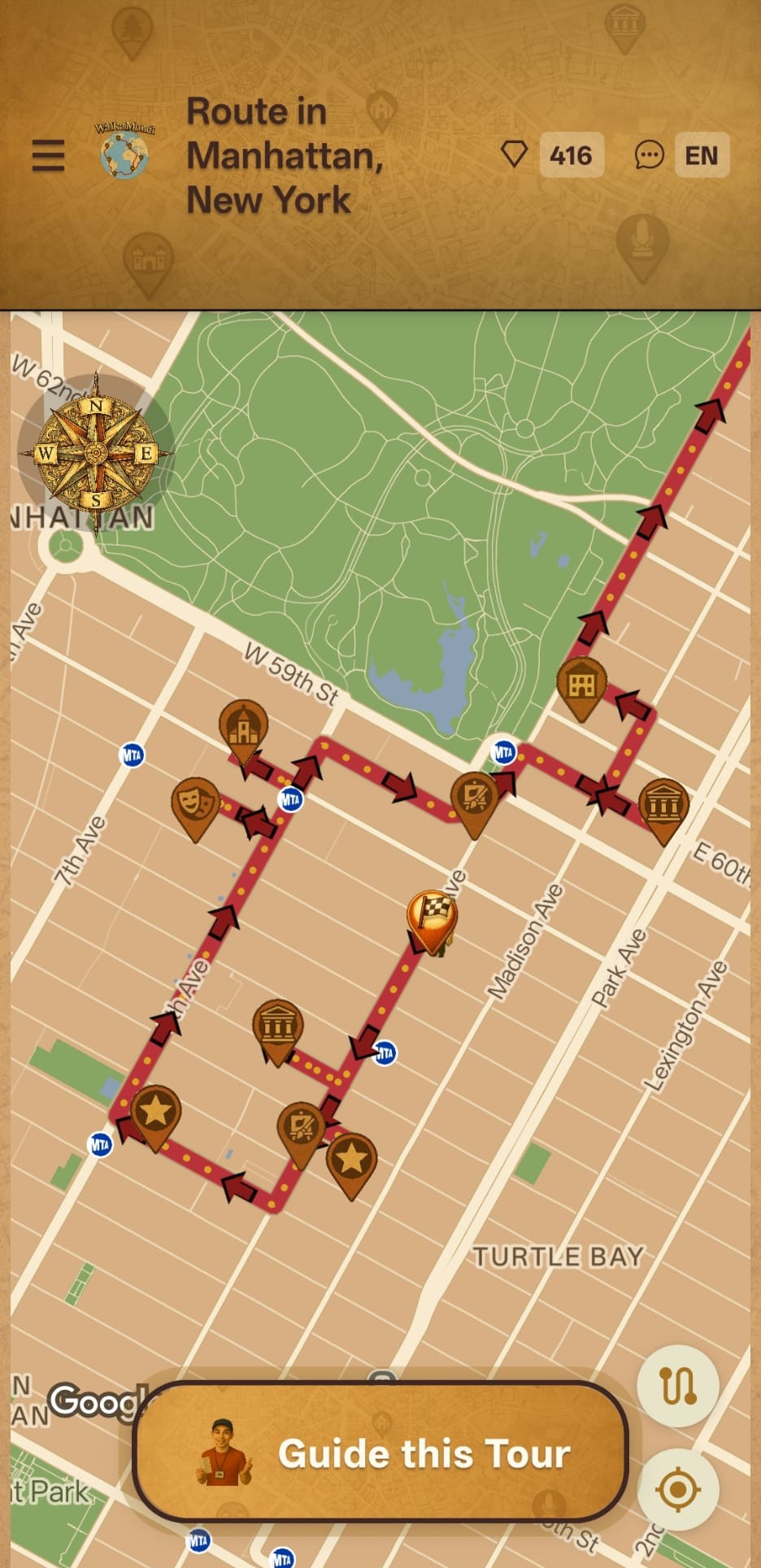 Screenshot of WalkaMundi app showing a personalized walking route through Madrid Centro with audio narration active